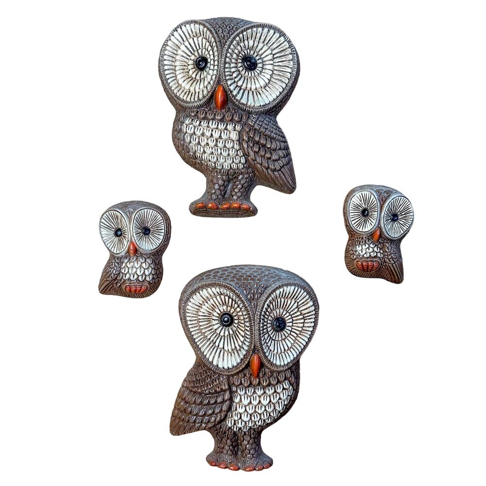 Vintage 1970s Retro Owls Family of Owls Big Eye Owl Wall Hangings Set of 4